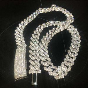 Ice Out Hip Hop 15mm 2 Rows Miami Cuban Link Chain Long Clasp Vvs Moissanite Cuban Links Bust Down 925 Silver Cuban Necklace