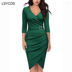 Casual Dresses LSYCDS Elegant V-neck Dress Women 3/4 Sleeve Office Party Solid Green Black White Red Sheath S-3XL