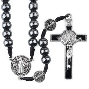 Chokers St Benedict kordon tespih 8mm hematit boncuklar dini çapraz kolye Katolik siyah dokuma rotalar 231010