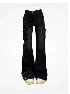 Женские джинсы High Street Office Lady Черные расклешенные брюки-клеш Gyaru Модные джинсовые брюки с несколькими карманами Американский ретро 2000-х годов