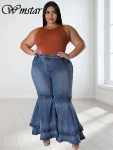 Женские брюки больших размеров Джинсы больших размеров Женские повседневные расклешенные брюки с высокой талией Нижняя часть с рюшами по низу Модная джинсовая уличная одежда оптом Dropshpping 231011