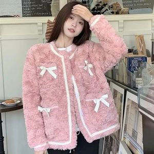 Женские куртки Rimocy Sweet Pink Bowknot из искусственного меха Женская корейская мода с круглым вырезом из овечьей шерсти Женское пальто с длинным рукавом Пушистые дамы 231011