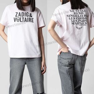 Футболка 23SS Zadig Voltaire Женская дизайнерская хлопчатобумажная футболка Новые топы Zadigs Классическая футболка с буквенным принтом спереди и сзади с царапанным шрифтом и коротким рукавом Пляжные футболки Модные топы