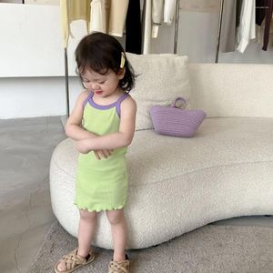 Kız Elbiseler 2023 Yaz Kore tarzı çocuklar elbise askı ince pamuklu yumuşak ince bebek kontrast renkler moda tasarımı