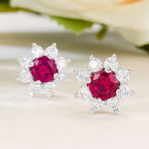 Charm Sunflower Ruby Diamond Songle Küpe% 100 Gerçek 925 Sterlling Gümüş Düğün Damla Küpe Kadınlar Gelin Takı Hediyesi