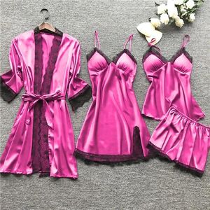 Женская одежда для сна, весенние женские пижамные комплекты, атласные шелковые комплекты из 4 предметов, ночное белье, пижамный ремень, кружевная Пижама для сна с нагрудными подушечками