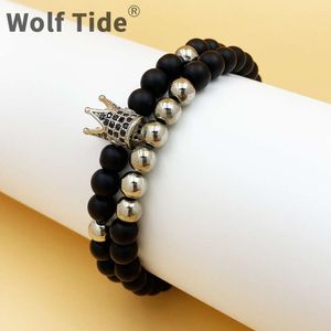 Novo 6mm preto masculino rocha vulcânica frisada pulseira de cobre fosco pulseiras com zircão incrustado coroa casal pulseiras para amantes mulheres encantos jóias atacado