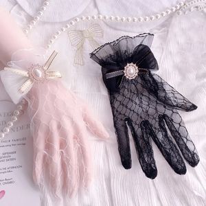 Beş Parmak Eldivenleri Japon Yumuşak Kız Siyah Beyaz Dantel Gotik Lolita Mesh Yay Çiçeği Tatlı Bilek Bant Hizmetçi Cosplay Takı 231012