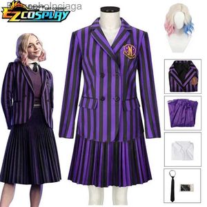 Tema Kostümü Çarşamba - Enid Cosplay Comple Purple Striped School For For Yetişkin ceket gömlek etek kravat cadılar bayramı partisi kıyafetler231013