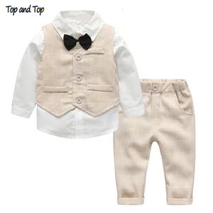 Giyim setleri üst ve üst moda sonbahar bebek giyim seti çocuklar bebek erkek bebek elbise beyefendi düğün resmi yelek tişört pantolon 4pcs kıyafetler 231012