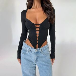 Kadın Tişörtleri Kare Boyun Uzun Kollu Üstler Kadınlar İçin Zarif Seksi Sırtsız Kravat Ayrıntısı Sonbahar Kesme Mahsul Giysileri