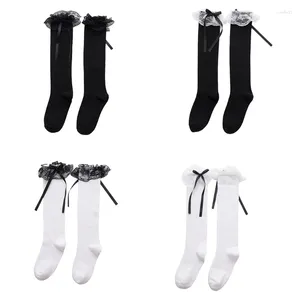 Erkek Çorap Kadın Kızlar Lolita Pamuk Diz Yüksek Uzun Tatlı Ruffles Dantel Trim Bowknot Japon Kawaii Çorapları Cosplay Hosiery