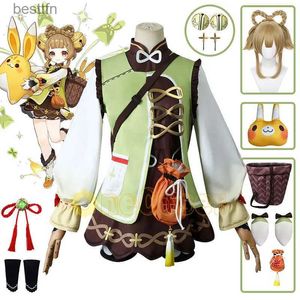 Tema Kostüm Oyunu Genshin Etki Yaoyao cosplay gel peruk örgü saç elbisesi üniforma sepet tavşan peluş bebek headdress cos cox aatchsl231013