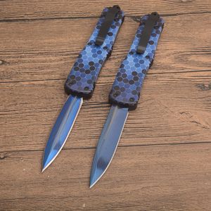 Coltello tattico automatico G1095 di alta qualità 440C Lama rivestita blu Manico in lega di zinco-alluminio Escursione di campeggio esterna Coltelli tascabili di sopravvivenza con borsa in nylon