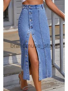 Basic Casual Dresses 2022 Women's Button A-line Side Split High Waist Denim Skirt Office Lady Black Blue Midi Jean Skirts Autumn Winter Long Skirt J231013
