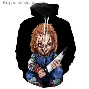 Tema Kostüm Korku Filmi Chucky Hoodies Erkek Moda 3D Baskılı Hooded Sweatshirts Kadın Serin Hip Hop Harajuku Street Giyim Cadılar Bayramı Comel231013