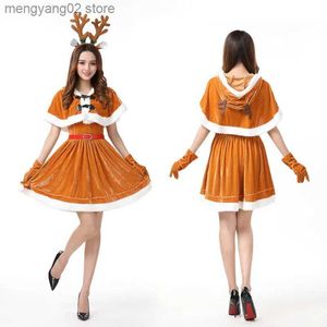 Tema Kostüm 2022 Noel Gelin Kadın Ren Geyiği Kahverengi Moda Elbise Üniforma Kadın Geyik Elk Kaputlu Şal Sevimli Kıyafetler Cosplay Complay T231013