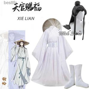 Tema kostüm anime xie lian cosplay comp tian guan ci fu cosplay xielian peruk bambu şapka pervane beyaz han fu kıyafet ayakkabı kadınlar için cosl231013