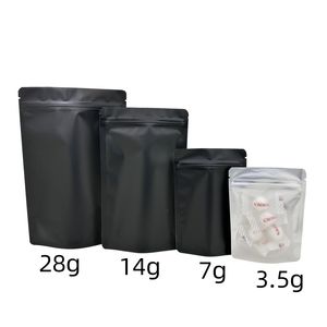 Boş mylar torba mat siyah arka açık alüminyum yağı 3.5 7g14g 28g 1lb fermuar yeniden kapatılabilir paketler özel baskı markası logosu