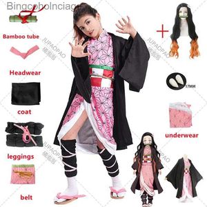 Tema Kostüm Anime Kamado Nezuko Cosplay Com Demon Slayer Cosplay üniforma giysileri Kimono peruk sahne seti Cadılar Bayramı Çocuklar İçin Gelin