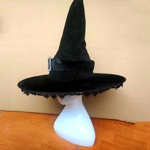 Geniş Memlu Şapkalar Kova Şapkaları Cadılar Bayramı Cadı Siyah Sihirbaz Süsleme Dantel Trim Parti Partisi Şapka Yetişkin Cosplay Masquerade Mistik Büyücü Kostüm Prop Aksesuar 231013