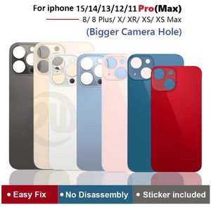 OEM-Glasgehäuse mit großem Loch auf der Rückseite für iPhone 15 14 13 12 11 pro max 8 8Plus X XR XS Batterie-Rückabdeckungsgehäuse mit Aufkleber