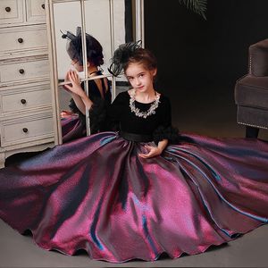 Yeni Uzun Kollu Küçük Kızlar Pageant Elbise Saten Siyah Veet Anne ve Çiçek Kız Elbiseleri Gençler İçin Resmi Kutsal Komünyon Doğum Günü Prenses Prenses Elbise 403