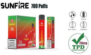 Китай поставки Sunfire 700 Puffs TPD, соответствующий 2 мл одноразовый вейп -ручка 550 мАч, не заряжаемый вейп 10 аромата из Aierbota Factory Ondayable Electronic Sigarette