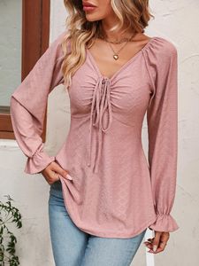 Women's T Shirts Fashion A Line Women Blouse Sexy V-Neck Drawstring Waist Long Sleeve T-Shirt Lady Elegant Spring Autumn Tops