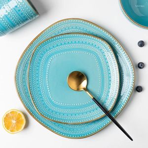 Тарелки в океанском стиле, трансмутация, синяя глазурь, тарелка для ужина/стейка/салата, бытовая тарелка для свежего блюда/миска специальной формы