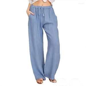 Kadın Pantolon Kadın Pamuk Keten 2023 Sonbahar Vintage Katı Elastik Bel Gevşek Düz Pantolon Kadın Günlük Drawstring Geniş Bacak