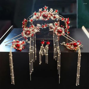 Grampos de cabelo xiuhe headwear noiva simples magnífico chinês borla phoenix coroa vestido de casamento rosto redondo ornamento jóias acessórios