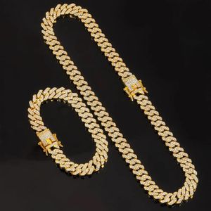 Zincir Buzlu Çıkış Miami Küba Bağlantı Kolye Erkekler için 12mm Bileklik Set Kadın Zincirleri Hip Hop Erkek Mücevher Boyunda AAA RHINESTONE 231016