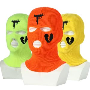 Neon Balaclava Beanie Üç Delikli Kayak Maskesi Kış Şapkası Akrilik Örme Spor Boyun Yüz Maskesi Kayak Snowboard Rüzgar Kapağı Polis Bisiklet Motosiklet Maskeleri Nakış Kalp