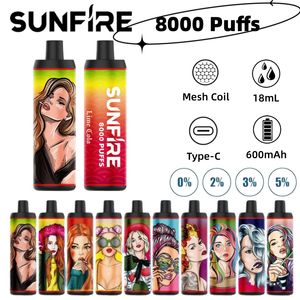 Puff Vape Bars одноразовые вейпиры Sunfire Vape 8000 Puff Puff Cartridge 600 мАч аккумулятор ананаса Ice 18ml Предварительно заполненный штука