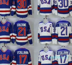 Hokey formaları Jim Craig Mike Eruzione Jack O'Callahan Hokey Jersey Film Dikişli Beyaz Mavi Özel İsim Numarası