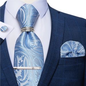 Галстуки на шею Голубые шелковые галстуки с узором пейсли для мужчин Свадебная вечеринка Аксессуары для жениха Набор галстуков с кольцом для галстука Серебряный зажим Gravata Masculina 231013