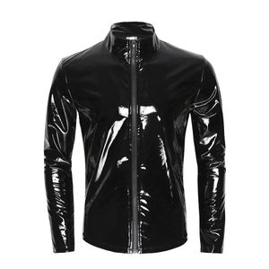 Мужские куртки S-7XL, мужские сексуальные блестящие латексные кожаные рубашки больших размеров на молнии для ночного клуба, сценическое пальто, мужские кожаные куртки из ПВХ с длинными рукавами, топы 231013