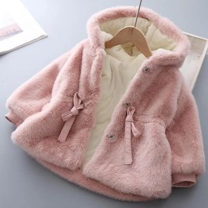 Down Coat Girls Kids Winter Fake Fur Soft Velvet Thickening Warm Hooded Coats Cute Belt Overcoats Children Clothing 08T 231016