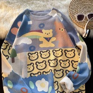 Женские свитера, японский свитер с кавайным медведем и мультяшным принтом, женские эстетичные милые зимние топы с круглым вырезом и длинными рукавами для девочек, уличная одежда в стиле Харадзюку