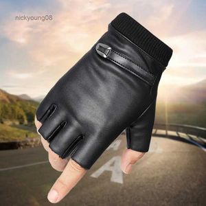 Fingerless Gloves Black PU Leather Fingerless Mens Gloves Solid Button Warm Half Finger Driving Men Riding GlovesL231017