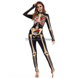Костюм на Хэллоуин, женский скелет с принтом розы, страшный черный облегающий комбинезон, боди, костюм для косплея для женщин, сексуальная доставка