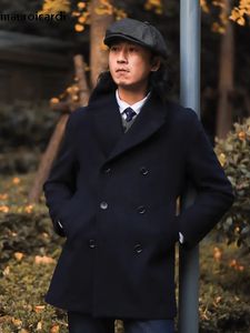 Мужское полушерстяное пальто Mauroicardi, осень-зима, теплое темно-синее полупальто, мужское двубортное роскошное элегантное шикарное пальто в английском стиле 231017