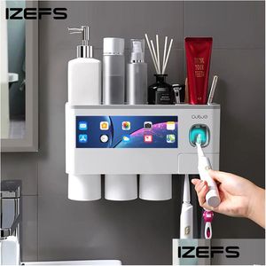 Toothbrush Holders Wall-Mounted Toothbrush Holder Tootaste Squeezer For Home Restroom Storage Rack Dispenser Bathroom Access Dhgarden Dhyem