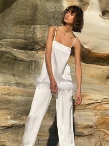 Sexy Pyjamas Chic Satin Pajamas With Feathers Sleepwear Women Sets With Pants Black Spaghetti Strap Home Suit White Trouser Suits 231017