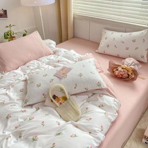 Yatak takımları romantik lale pembe set yatağı düz tabaka yastık kılıfı ikiz tam kraliçe prenses tarzı keten çocuklar kızlar çiçek yorgan kapağı 231018