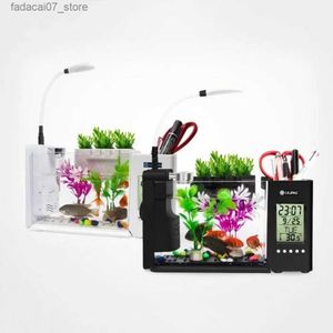 Аквариумы Мини-пластмассовый аквариум со светодиодной подсветкой USB-аквариумы для рыб Betta с держателем для ручек ЖК-экран и часы Acquario YQ231018