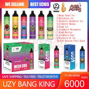 Оригинальные одноразовые электронные сигареты UZY Bang King 6000 Puff, сетчатая катушка 0,8 Ом, 14 мл, аккумуляторная батарея, перезаряжаемые электронные сигареты Puff 6K, 0% 2% 3% 5%, 10 вкусов, одноразовые вейпы