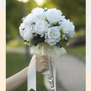 Dekoratif Çiçekler Düğün Buket Beyaz Gelin Yapay sahte İnci Kristal El Ele Dekorasyon