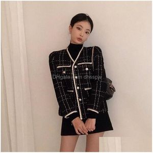 Mulheres jaquetas coreano designer de luxo casaco de lã feminino preto vintage v pescoço xadrez t botões dourados elegante senhora do escritório outwear